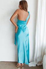 Island Time One-Shoulder Midi Dress Satin Aqua