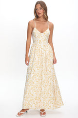 Enchanted Leaf Floral Print A-Line Maxi Dress Yellow