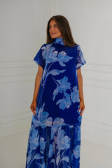 Dime Floral Organza Mockneck Maxi Dress-Navy Blue