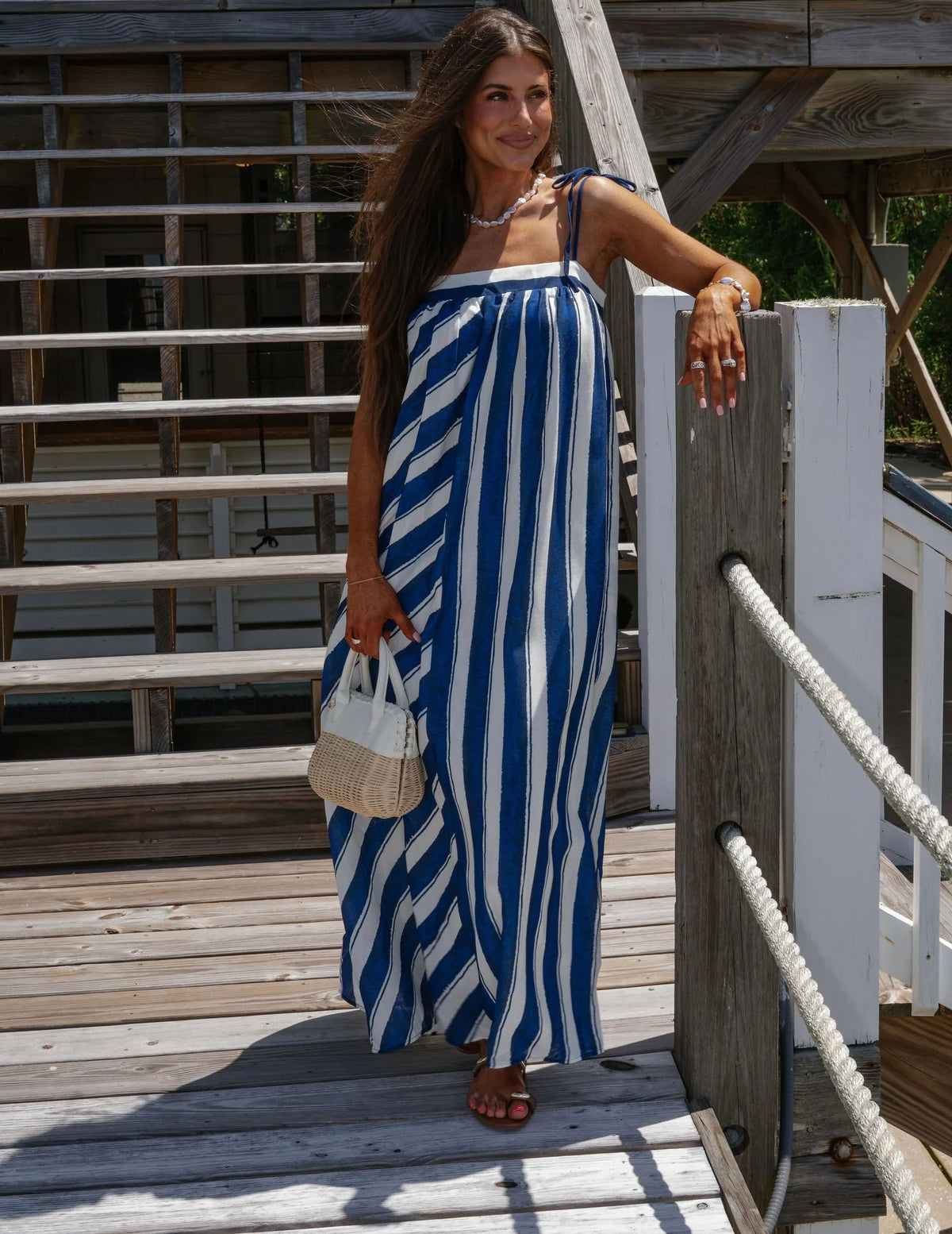 Shoulder Tie Striped Maxi Dress