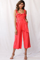 Kaia Ruffle Strap Wide-Leg Capri Jumpsuit Red