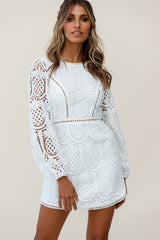 Heart Crochet Overlay Balloon Sleeve Dress White