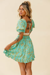 Summer In Paris Puff Sleeve Open Back Dress Botanical Print Mint